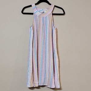 100% Linen C&C California Sleeveless Halter Shift Multicolor Striped Dress, XS